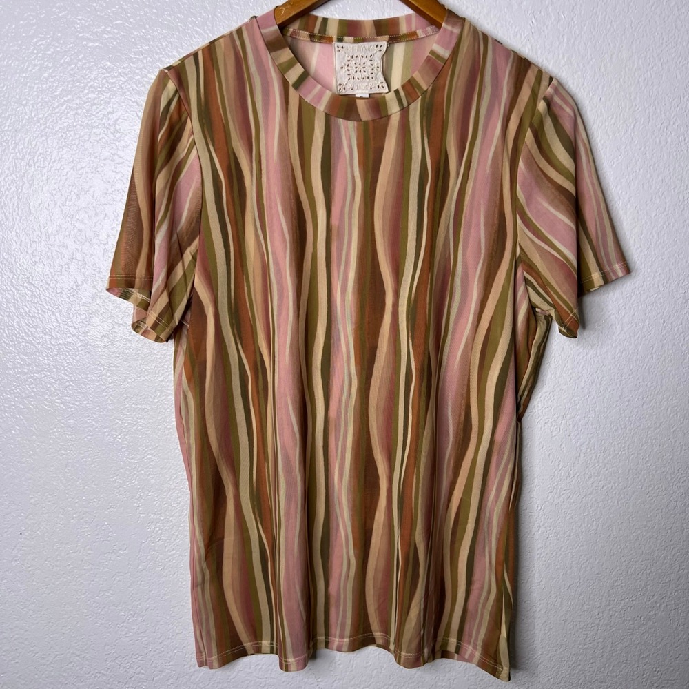 Johnny Was Eleanor Mesh Short SleeveTop Striped Pink Brown Women's Size XL - Picture 2 of 9